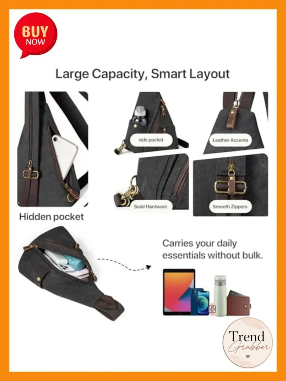 Canvas Sling Bag 3-in-1 Crossbody Backpack Chest Bag Leather Zipper Daypack